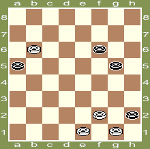 w4 12 ходов
 1.b6-c7 a5-b4 2.e1-d2 f6-e5 3.f2-g3 h2:f4 4.c7-b8 b4-a3 5.b8-a7 f4-g3 6.d2-c3 g3-f2 7.g1:e3 e5-f4 8.e3-d4 g5-h4 9.a7-b8 h4-g3 10.d4-e5 f4:d6 11.b8:h2 a3-b2 12.c3:a1